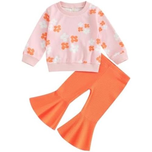 Baby Girl Fall Winter Clothes Floral Knit Crewneck Sweatshirts Flare Pants Set Toddler Bell-Bottoms Outfits