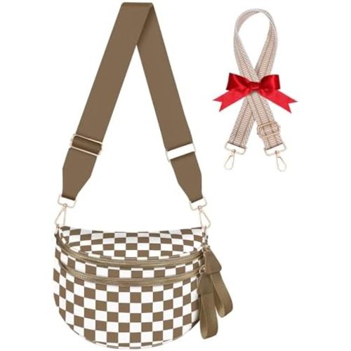Checkered Crossbody Bag Bum Bags for Women Large Nylon Checkered Purse Fanny Packs Sling Bag, Bonus with a Extra Strap