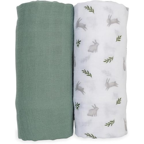 lulujo Boho Swaddle Set, Cotton Muslin Blankets, 2 Pack (Bunnies & Fern)