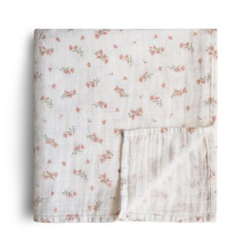 Organic Cotton Muslin Swaddle Blanket Pink Flowers One Size