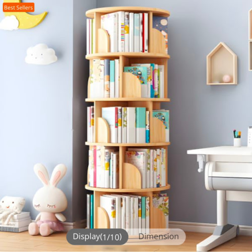 Round Rotatable Bookcase Wooden Open Storage Bookshelf for Home Office - Natural Finish 18.1"L x 18.1"W x 50.4"H