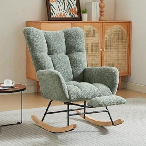 Nursery Rocking Chair Modern Upholstered Glider Rocker with Wing Backrest and Foot Rest, Teddy Rocker Accent Armchair with Solid Wood Legs and Pocket for Nursery Bedroom Living Room, Green