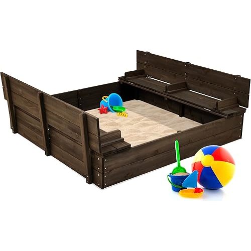 Best Choice Products Large Outdoor Wooden Sand Box for Kids, Sandbox with Cover, Bench Seats Support up to 220 lbs, Bottom Liner for Drainage, Cedar Wood - Espresso
