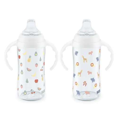 NUK Learner Cup, 8+ Months, Fun Fruits and Animals, Amazon Exclusive Collection, 10 Oz, Pack of 2, BPA-Free, Soft Spout, Spill Proof Sippy Cup