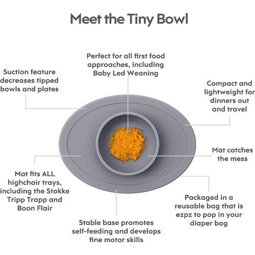 ezpz Tiny Bowl (Pewter) - 100% Silicone Suction Bowl with Built-in Placemat for First Foods + Baby Led Weaning - Fits on All Highchair Trays - 6 Months+