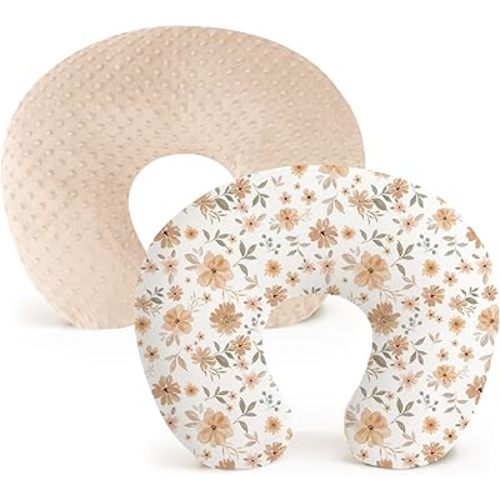 Konssy 2 Pack Nursing Pillow Covers, Soft and Comfortable Nursing Cover for Breastfeeding Pillows, Pillow Slipcover for Baby Girls Boys Newborn(Khaki, Flourish)