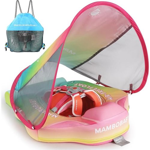 Mambobaby Float Add Tail Baby Swim Float with Canopy Solid Pool Infant Swim Trainer Swimming Training Lying Air Free Water Floats Non-Inflatable Waist Swim Ring for Toddlers (Rainbow)