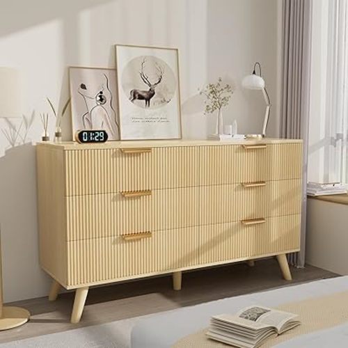 Boho Fluted 6 Drawer Dresser for Bedroom, Chest of Drawers with Solid Wood Legs, Modern Dresser Chest Cabinet Organizer with Golden Handles, Beside Table for Closet, Hallway, Bedroom