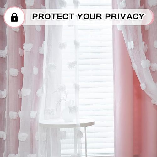 MYSKY HOME Pink Curtains for Girls Bedroom Kids Curtain 54 Inches Length White Pom Pom Sheer Small Window Curtains 2 Panels Double Layer Curtains Grommet Room Darkening Nursery Curtains, W52 X L54
