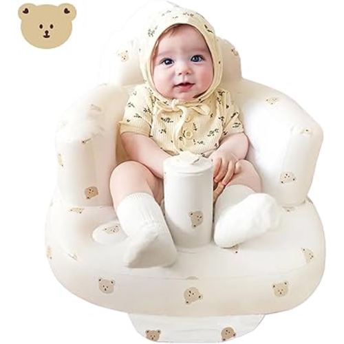 Inflatable Baby Seat - Infant Safety Support, Blow Up Baby Floor Seat with Built in Air Pump- Perfect for Travel, Beach, Camping - Ideal for Babies 3 Months and Up (Bear Cub)