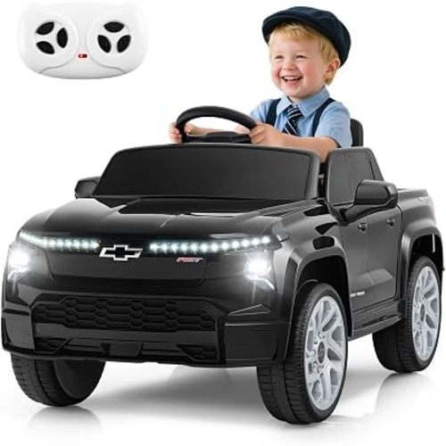 Licensed Chevrolet Silverado Ride on Car for Kids by INFANS, 12V Battery Powered Electric Vehicle with Shock Absorption, Remote Control, Headlight, Bluetooth, Power Display, USB, Aged 3-8 (Black)
