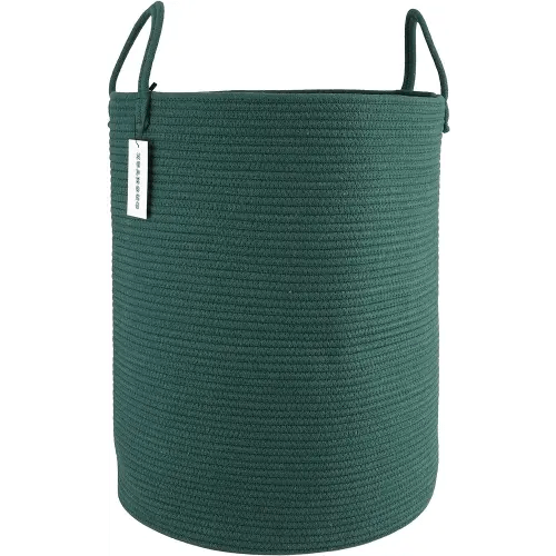 Cotton Rope Laundry Basket Hamper for Clothes Woven Storage Basket for Living Room Bedroom Boho Tall Rope Baskets for Blanket Toys Pillow Towels Baby Nursery Hamper Bin Large dark green