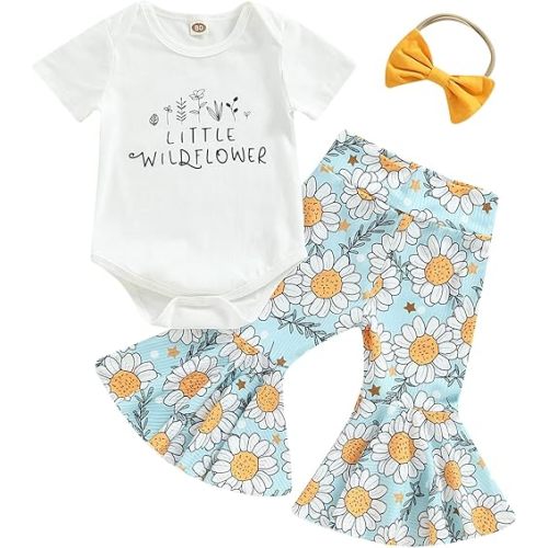 Engofs Newborn Baby Girl Clothes Short Sleeve Romper Flare Pants Headband Set 3Pcs Infant Summer Outfit 0 3 6 12 18 Months