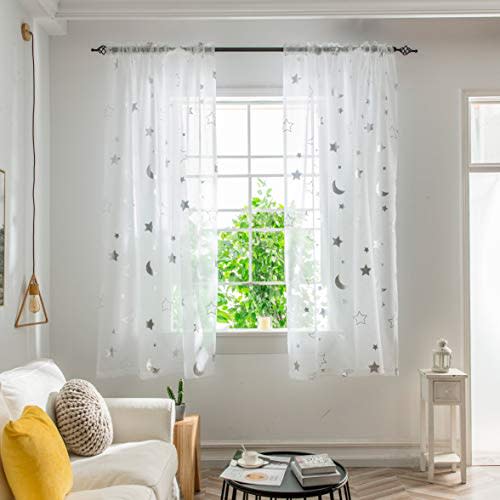 Star Moon Sheer Curtains - Cute White 63 Inch Length for Kids & Girls Bedroom - Galaxy Space Theme - Light Filtering Silver Foil Print - Set of 2 Panels