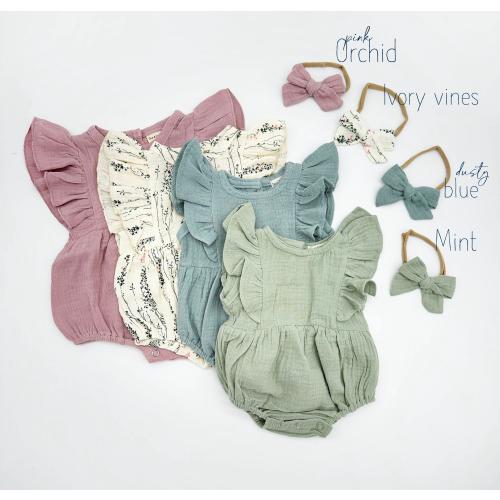 Baby Girl Muslin Cotton Bubble Romper Spring Easter Outfit Ruffle flutter sleeve | Milana romper + Bow