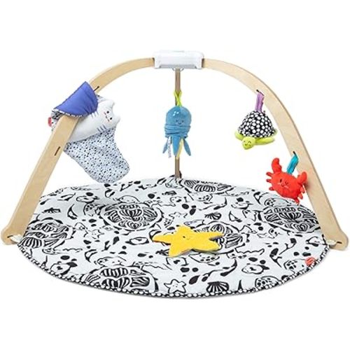 Melissa & Doug Ocean Easy-Fold Wooden Play Gym for Infants, Reversible Mat, 5 Soft Toys, Birth to 9 Months - FSC-Certified