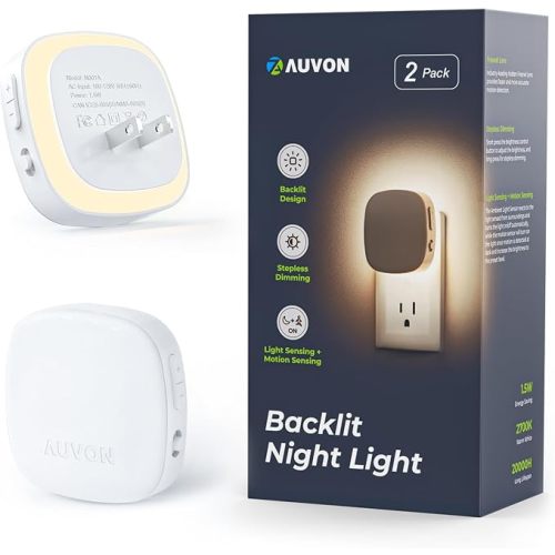AUVON Plug-in LED Backlit Night Light, Motion & Dusk to Dawn Sensor, 2-Pack