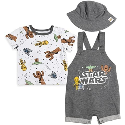 STAR WARS Chewbacca R2-D2 Yoda Baby French Terry Short Overalls T-Shirt and Hat 3 Piece Outfit Set Newborn to Infant