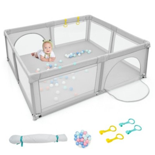 Costway Baby Playpen Infant Large Safety Play Center Yard w/ 50 Ocean Balls Grey\Colorful\Blue, Color: Gray