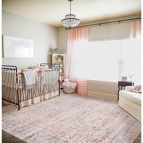 Large Living Room Rug 8x10 Machine Washable Pink Carpet for Bedroom Boho Vintage Area Rug Pink Floral Floor Covering Non Slip,Blush and Grey