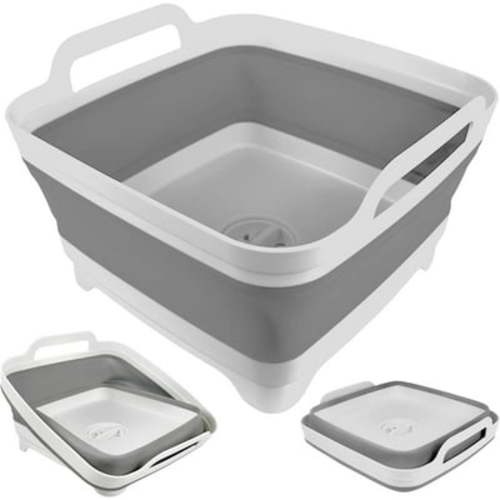 Collapsible Wash Basin with Drain Plug, 2.4 Gallons Space-Saving Camping Sink for RV, Collapsible Dish Tub (Gray)