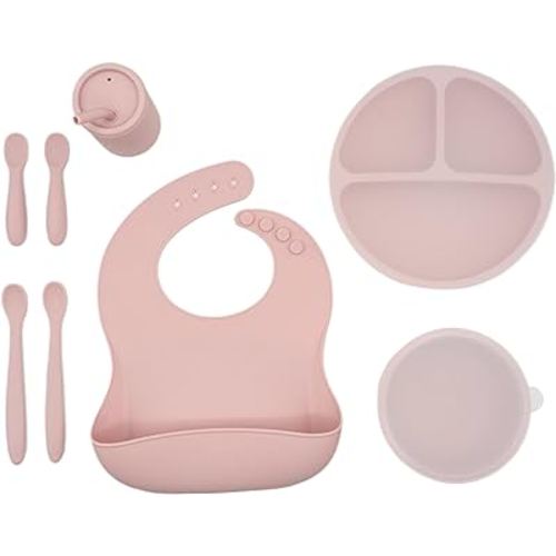 WeeSprout Baby Led Weaning Bundle, Silicone Suction Bowl, Spoons, Bib & Cup, Develops Self Feeding Skills, Dishwasher Safe (Pink)