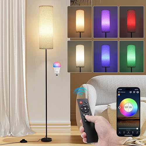 Frideko Floor Lamps for Living Room, Dimmable 3 Colors Temperature, Modern Floor Lamp with Remote, Tall Standing Lamps for Living Room Bedroom Office Corner, Foot Switch, Beige Shade, 9W RGB LED Bulb