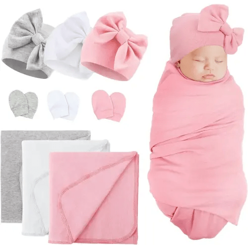 DRESHOW BQUBO Newborn Receiving Blankets Cotton Warm Sleepsack with Mittens & Bow Hats Hospital Baby Swaddling Shower Gift