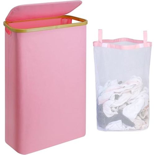 Pink Hamper Pink Laundry Basket - 60L Slim Laundry Hamper with Lid, Cute Hamper Girls Laundry Basket for Bedroom, Slim Girls Laundry Hamper with Bamboo Handle, Ideal for Valentine's Day Gift