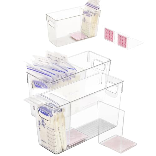 Breastmilk Storage Container with L Shaped Separator Boards, Dividers Will Flatten Standing Breast Milk Bags in Organizer Bins to Save Refrigerator Space | 2 Containers Plus 4 Pink Boards in Total.