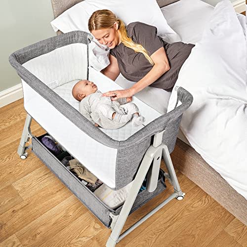 Cowiewie Bassinet Bedside Sleeper, Baby Bassinet with Adjustable Height & Angle XL Storage Bag & Breathable Mesh Bedside Bassinets for Baby, C-Section Friendly (Light Gray)