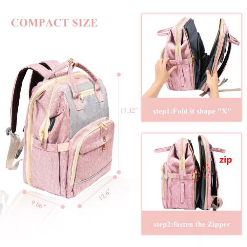 WiseWater Diaper Bag Backpack, Baby Travel Bassinet, Foldable Crib, USB Charging, Waterproof, Pink