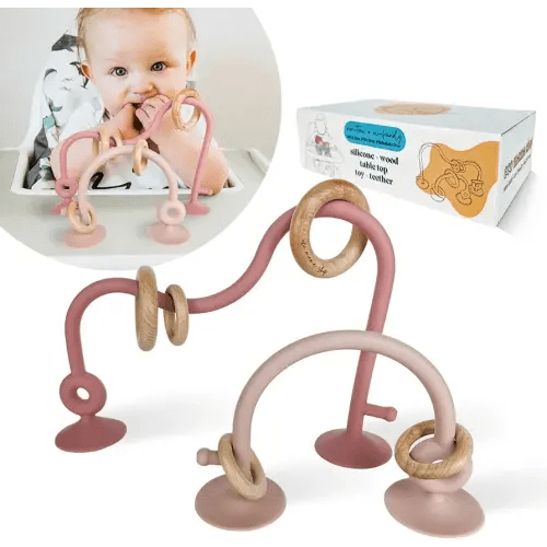 Silicone and Wood Table Top Toy and Teether, Montessori Educational Toys for Infant Toddlers, High Chair Toys with Suction Cups, Silicone Teething Toys (Dark Pink and Dusty Rose)