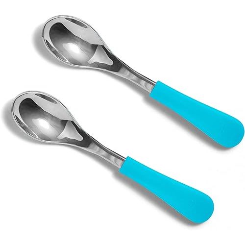 Avanchy Baby Spoons, Forks Stainless Steel and Silicone Set, Self Feeding Food Utensils, 4 Months Baby Led Weaning
