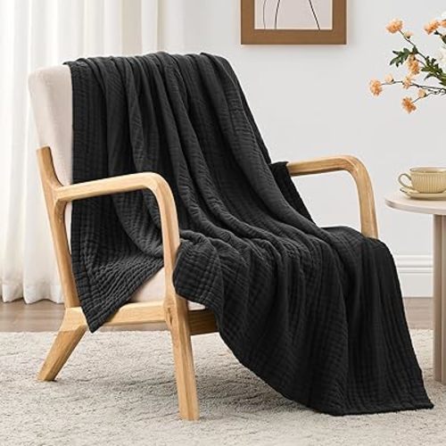 Love's cabin 6 Layer 100% Cotton Muslin Blanket, 50"x60" Throw Muslin Blanket for Couch Bed, Lightweight and Breathable Cotton Gauze for Adult, Black