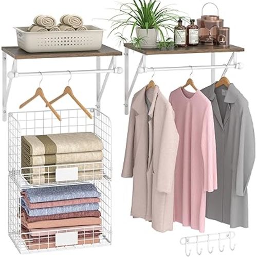 2 Set Laundry Room Shelves Wall Mounted with Wire Storage Baskets, Over Washer and Dryer Shelves with Hanging Rods and Hooks, Wire Shelves for Laundry Organization and Storage, White, Wooden