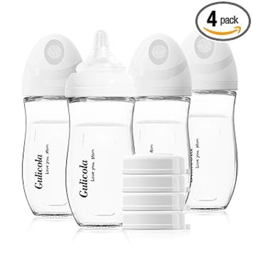 Gulicola Natural Glass Baby Bottle 8 oz for Breastfed Babies, Anti-Colic Baby Bottle Set with Medium Flow Nipple, 3 Months +, 4 Pack - White