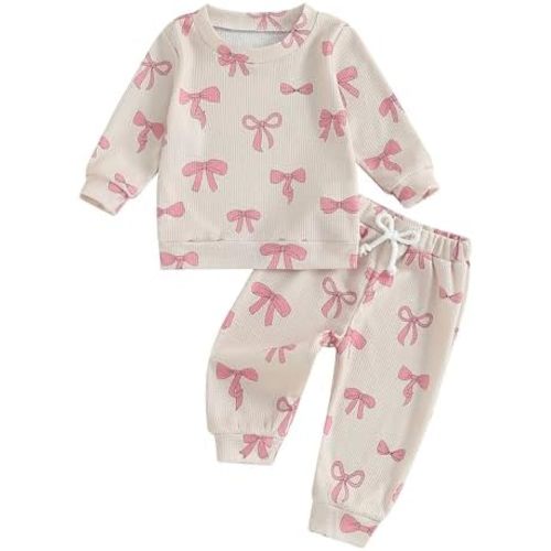 NZNDSHD Fall Baby Girl Clothes Ruffle Long Sleeve Bow Print Sweatshirt Top Pants Set 2Pcs Waffle Knit Outfit