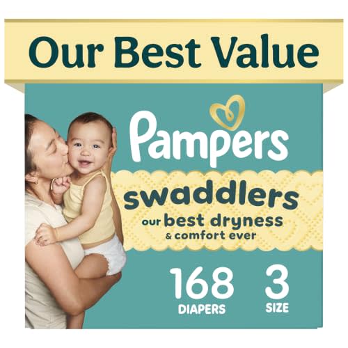 Pampers Swaddlers Diapers, Size 3 (13-26 lbs), 168 Count, Fragrance Free, Hypoallergenic, Absorbent, Pediatrician Recommended, Skin Safe