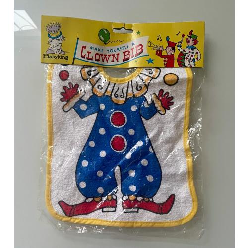 Midcentury Baby Bib in Package, Make Yourself A Clown, Funny Circus Bib, Deadstock Never Opened, Babyking Brand, Regent Baby Products Corp.