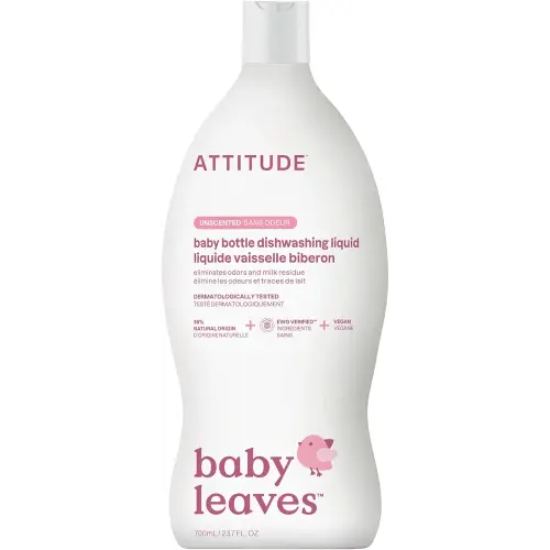 ATTITUDE Baby Dish Soap and Bottle Cleaner, EWG Verified Dishwashing Liquid, No Added Dyes or Fragrances, Tough on Milk Residue and Grease, Vegan, Unscented, 23.7 Fl Oz