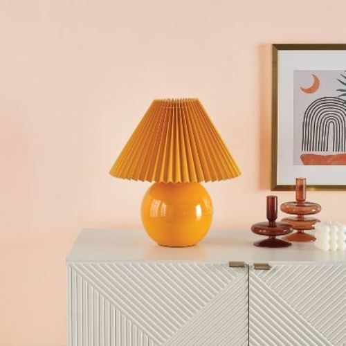 Nourison 13" Orange Ceramic Round Accent Lamp With Pleated Shade