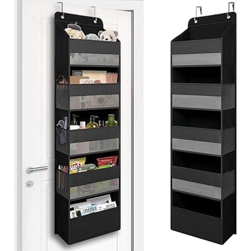 Over Door Organizer with 5 Large Pockets, Heavy Duty Hanging Organizer Storage, Closet Bathroom Nursery Bedroom Dorm, Toys Cosmetics Sundries and Baby Essentials, Black