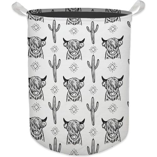 Western Laundry Basket, Retro Highland Cow Cactus Collapsible Laundry Hamper - Waterproof, Dirty Clothes Storage Bin - Perfect for Bathroom, Bedroom, Home Decor