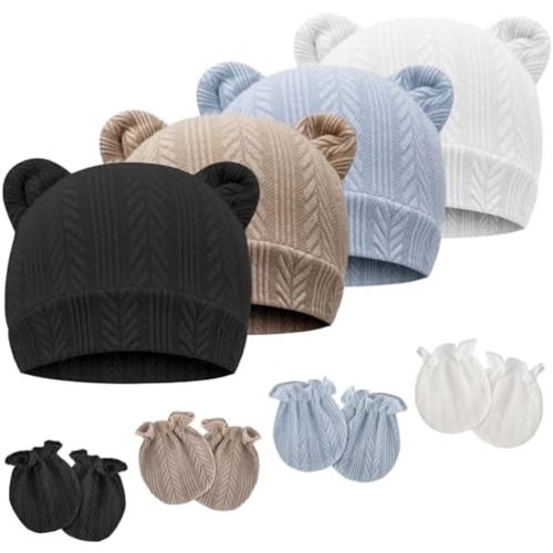Newborn Baby Hat and Mittens Set Bear Ears Toddler Infant Beanie Caps Newborn Hospital Hat for Baby Boy Girl 0-3 Months