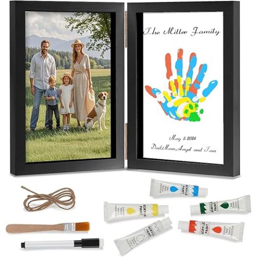 Family Handprint Kit, DIY Baby Hand and Footprint Handmade Keepsake Wooden Frame, Family Gifts with 5 Non-Toxic Baby-Safe Paint, Ideas Gift for New Parents Couple Friends