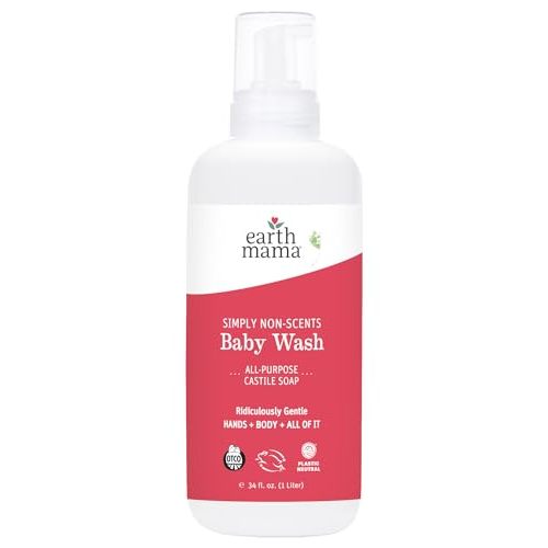 Earth Mama Simply Non-Scents Baby Wash Foaming Hand Soap, Organic Fragrance Free Body Wash, Unscented Body Wash, Castile Soap with Coconut Oil, Shea Butter, Calendula, & Aloe, 34floz