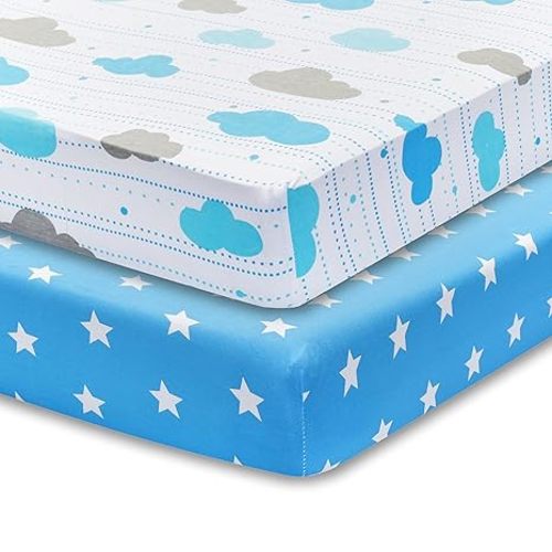2 Pack Fitted Crib Sheets for Boys in 100% Jersey Knit Cotton –Boy’s Crib Mattress Sheets in Celestial Themes - Blue with White Stars and White with Blue and Gray Clouds by Everyday Kids