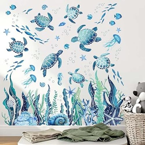 Ocean Sea Turtle Wall Stickers - Under The Sea Marine Theme Seaweed Grass Wall Decals - Baby Nursery Kids Bedroom Daycare Bathroom Wall Decor Stickers