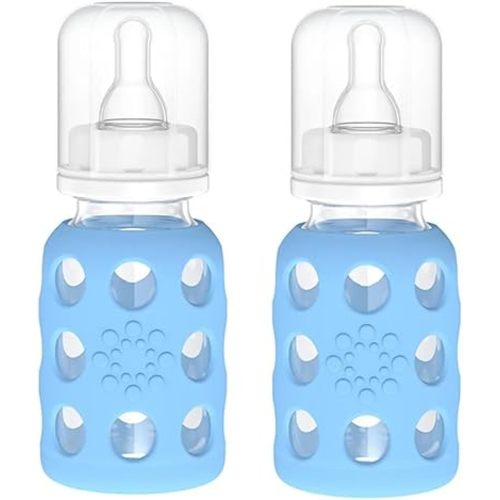 Lifefactory Glass Baby Bottles with Silicone Protection - 2-Pack, 4 oz Bottles, Sky Blue